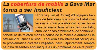 Noticia publicada en el número 72 de la publicación L'ERAMPRUNYÀ sobre la deficiente cobertura para telefona mvil que hay en Gav Mar (Agosto 2009)